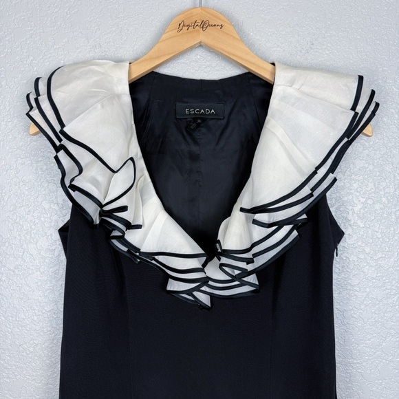 Escada Vintage Black Cocktail Dress w/ White Ruffle Collar 40 - Designer, V-Neck - Picture 3 of 16